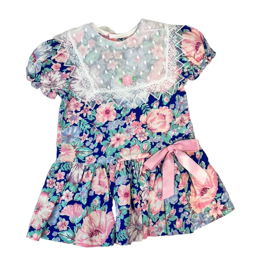 Vintage Sweet Treats Girl's Dress size 3T Blue Pink Roses Floral Lace Collar Bow